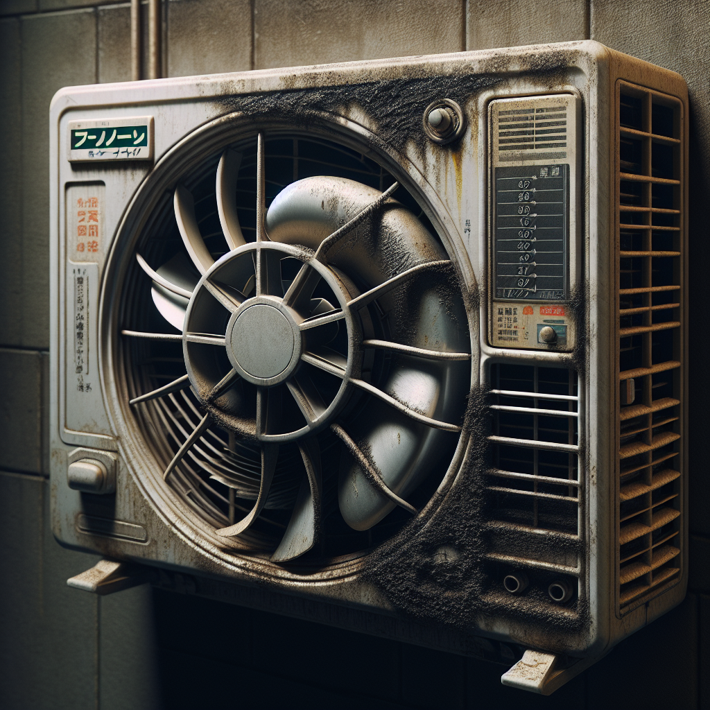 施工前のエアコン内部（黒カビ・ホコリびっしり）