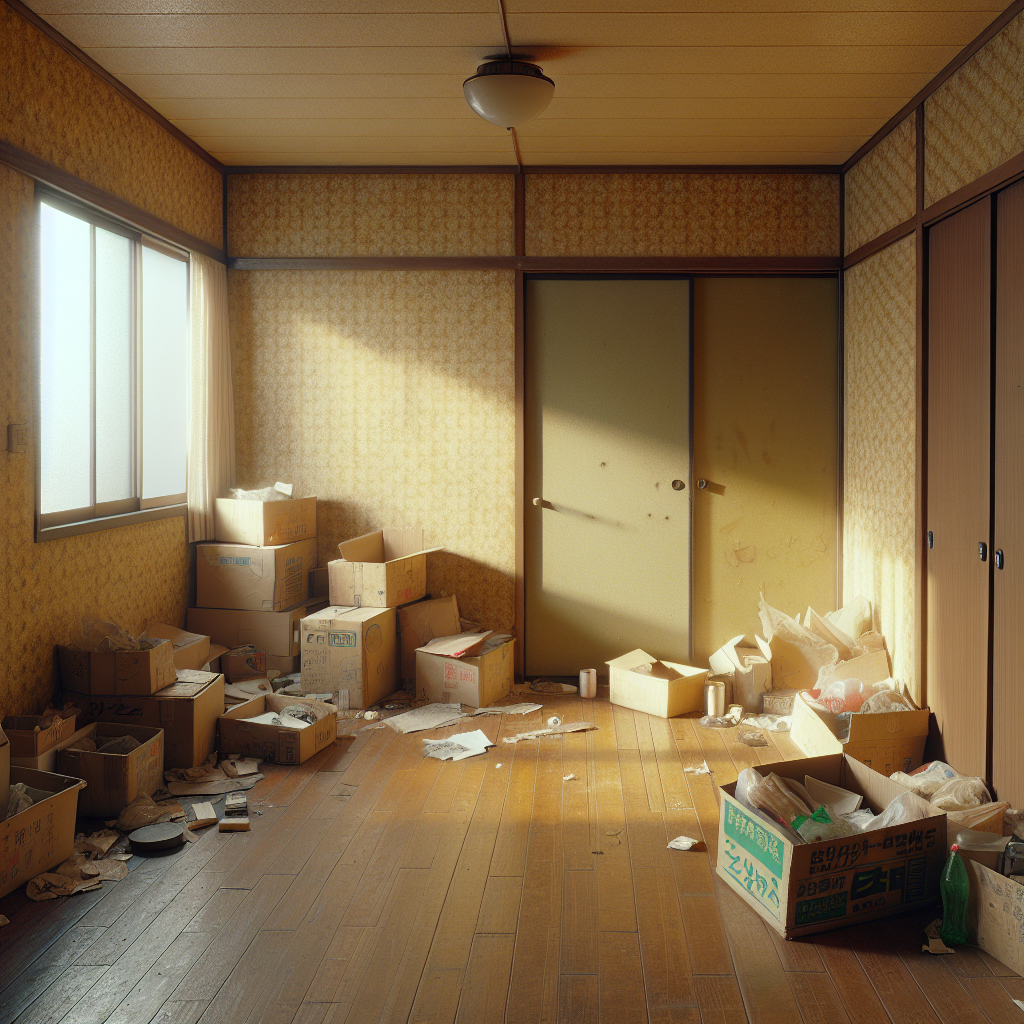 施工前の退去後アパート（クロス汚れと荷物残置）